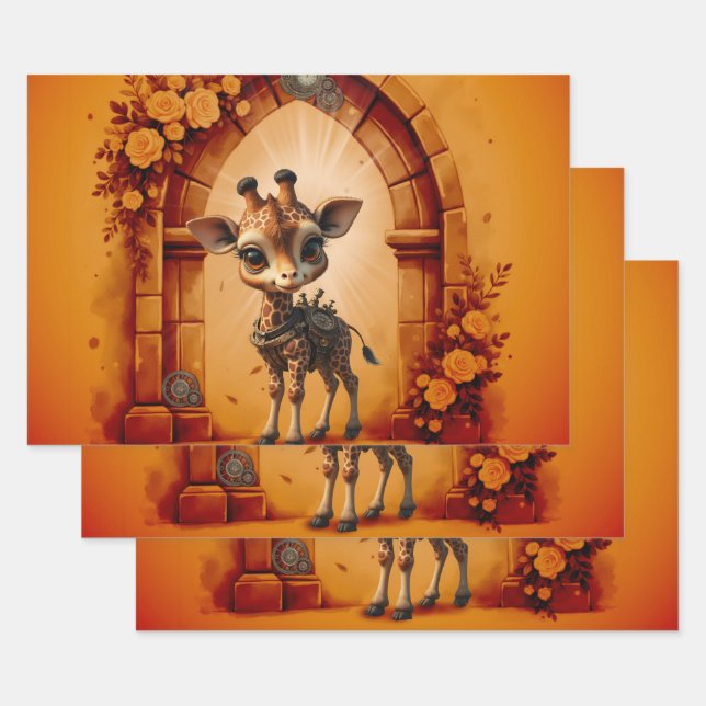 Feuille De Papier Cadeau Girafe de bébé en steampunk-dessin animé (Lot)