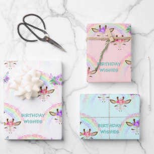 Feuille De Papier Cadeau Giraffe arc-en-ciel face à l'anniversaire