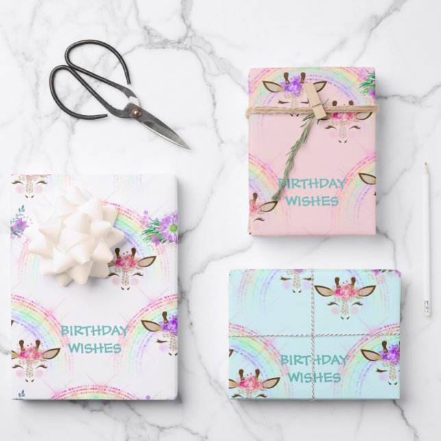 Feuille De Papier Cadeau Giraffe arc-en-ciel face à l'anniversaire (Recto)