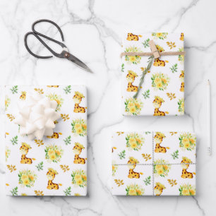 Feuille De Papier Cadeau Giraffe Fleurs Florales Jaunes
