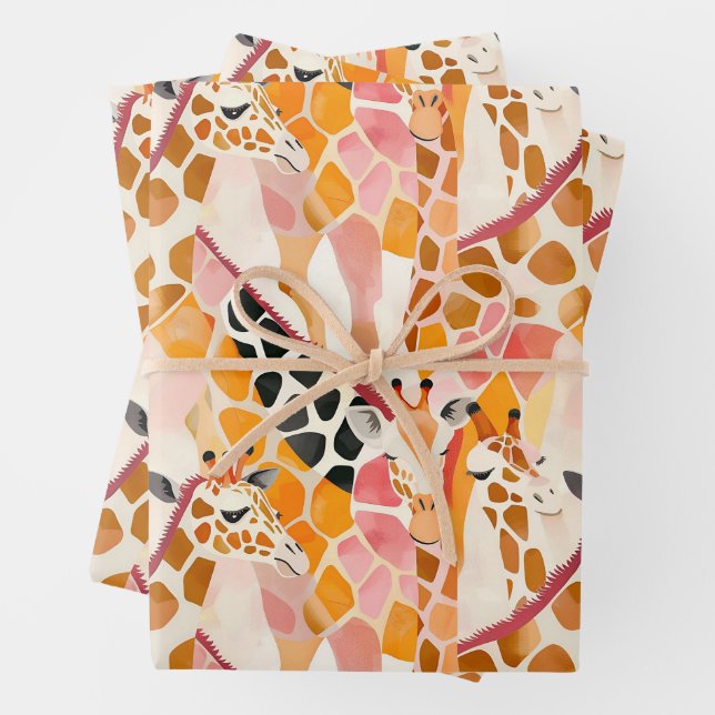 Feuille De Papier Cadeau Giraffes Abstraites en rose (En situation)