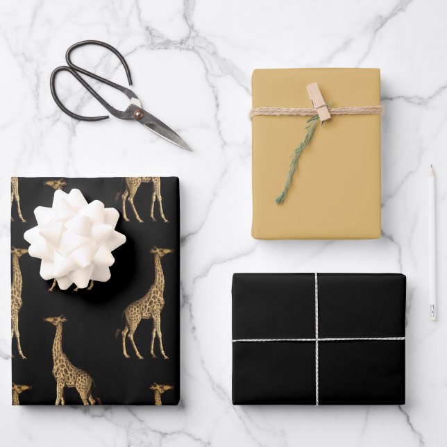 Feuille De Papier Cadeau Giraffes Gras Or et Noir (Recto)