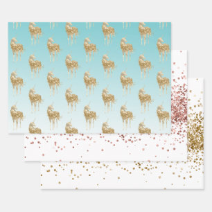 Feuille De Papier Cadeau Girl Aqua Gold Confetti Parties scintillant Unicor