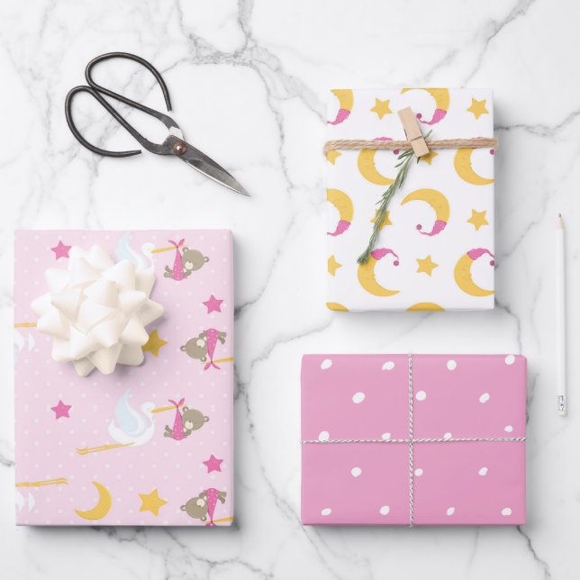 Feuille De Papier Cadeau Girl Stork Moons Pois Baby shower rose (Recto)