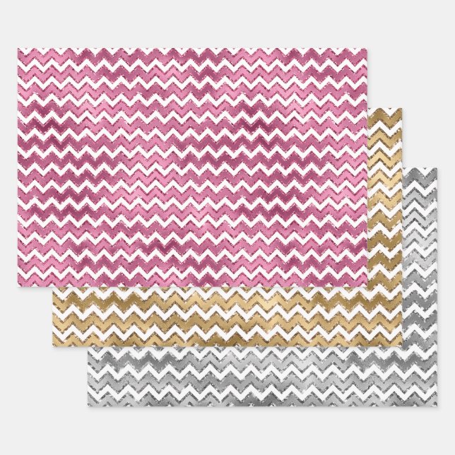 Feuille De Papier Cadeau Girls Rose or argent blanc Zigzag bandes (Lot)