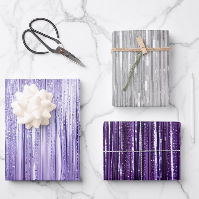 Feuille De Papier Cadeau Girly Lavender Purple Silver Glam Tinsel Stripes  (Recto)