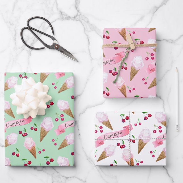Feuille De Papier Cadeau Glace à la cerise mignonne personnalisée rétro pas (Recto)
