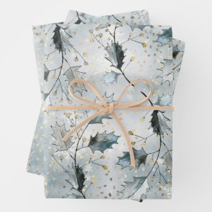 Feuille De Papier Cadeau Glace Blue Grey Winter Holly Berries Golden Snowfa