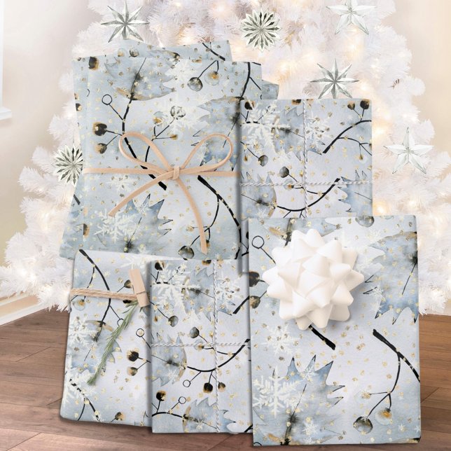 Feuille De Papier Cadeau Glace Grey Winter Holly Berries Golden Snowfall (Créateur téléchargé)