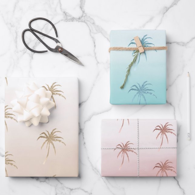 Feuille De Papier Cadeau Glam Aqua Rose Gold Palm Trees Tropical Ombre (Recto)