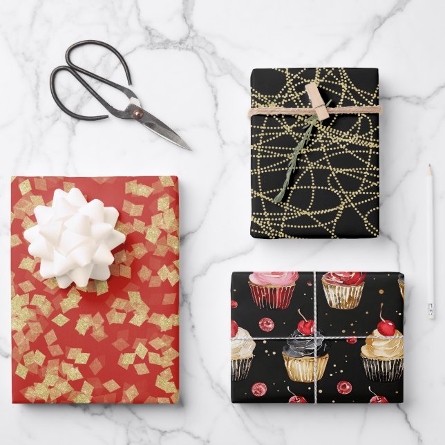 Feuille De Papier Cadeau Glam Black Red Gold Anniversaire (Recto)