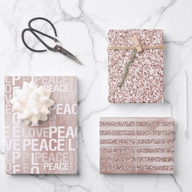 Feuille De Papier Cadeau Glam Blush Pink Peace Love Parties scintillant (Recto)