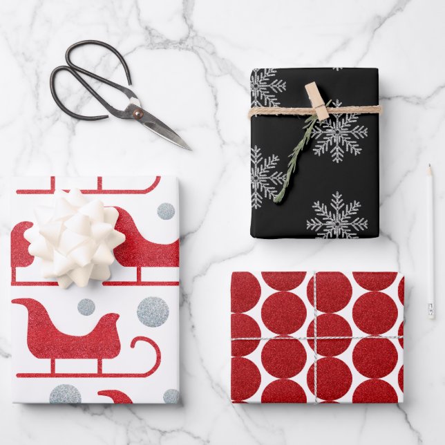Feuille De Papier Cadeau Glam Christmas Père Noël Sleigh Snowflake Dot Part (Recto)