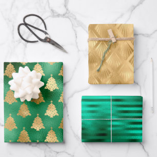 Feuille De Papier Cadeau Glam Christmas Tree Motif Green Gold Foil