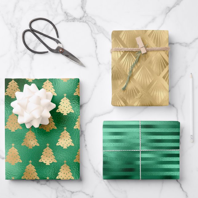 Feuille De Papier Cadeau Glam Christmas Tree Motif Green Gold Foil (Recto)
