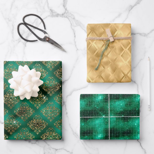 Feuille De Papier Cadeau Glam Emerald Gold Damask Fans Shimmer (Recto)