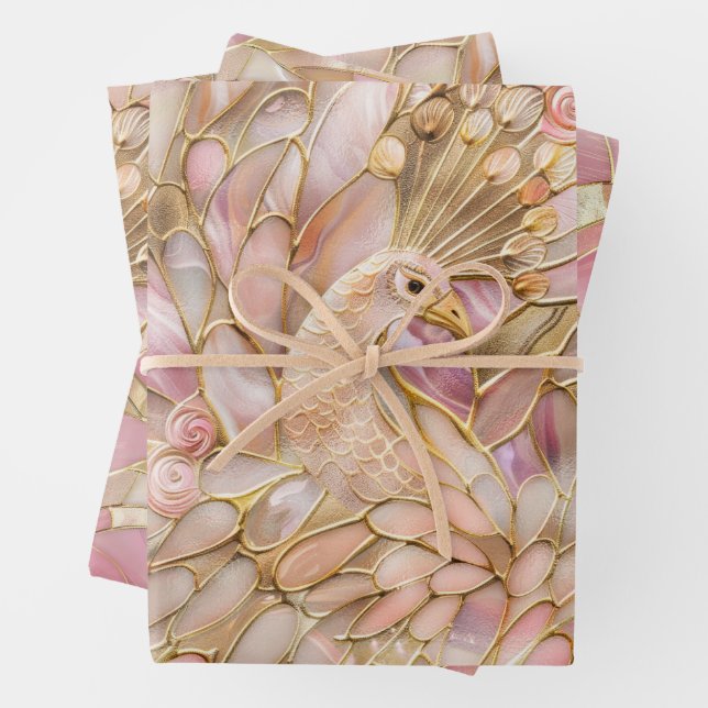 Feuille De Papier Cadeau Glam Gold Chic Pink Peacock (En situation)