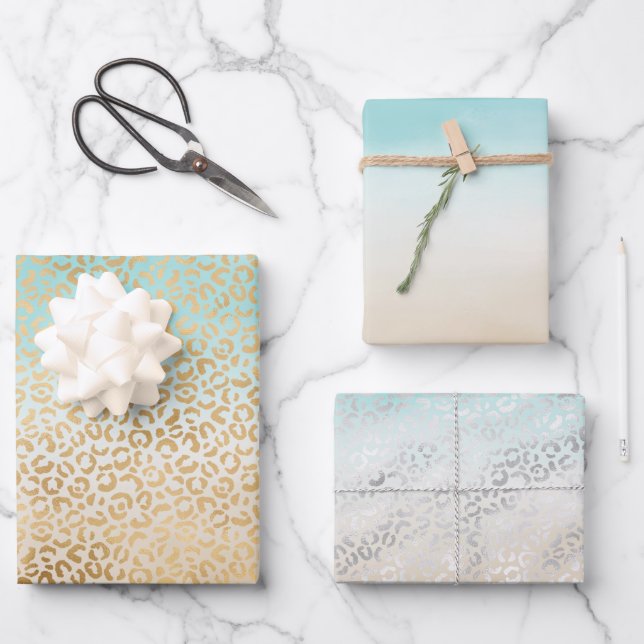 Feuille De Papier Cadeau Glam Gold Empreinte de léopard Aqua Ombre Aquarell (Recto)