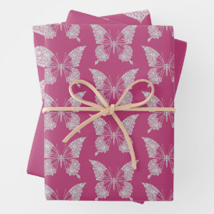 Feuille De Papier Cadeau Glam rose Faux Diamants Papillon et coeur
