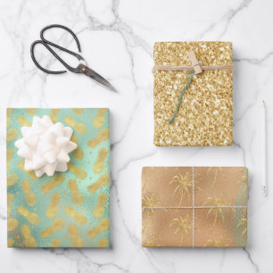 Feuille De Papier Cadeau Glam Tropical Gold Aqua Glitz Ananas