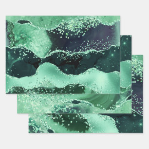 Feuille De Papier Cadeau Glamour Dark & vert clair Faux Agate Pailleté