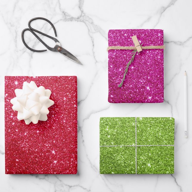 Feuille De Papier Cadeau Glitter Wrapping Paper Red Pink Green Gift Wrap (Recto)
