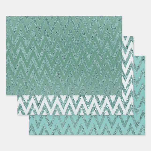 Feuille De Papier Cadeau Glitzy Green Chevron Stripes Noël (Lot)