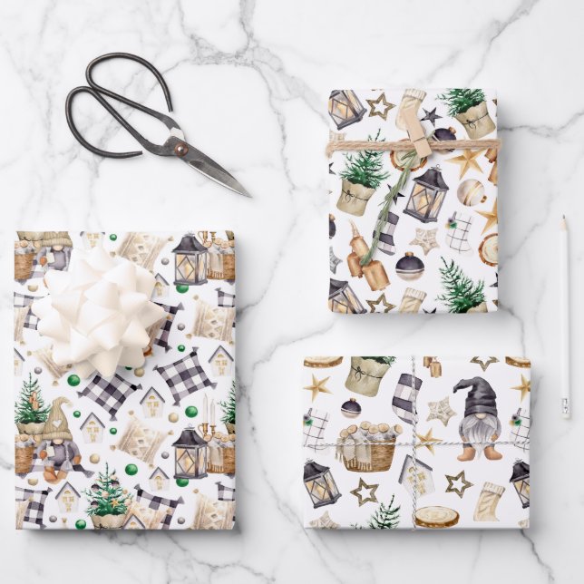 Feuille De Papier Cadeau Gnome Farmhouse noir et blanc Plaid (Recto)