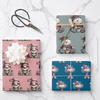 Feuille De Papier Cadeau gnome, snowman, cute tired santa elf cat