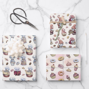 Feuille De Papier Cadeau Gnomes Baking Cupcakes Donuts Woodland tendance 