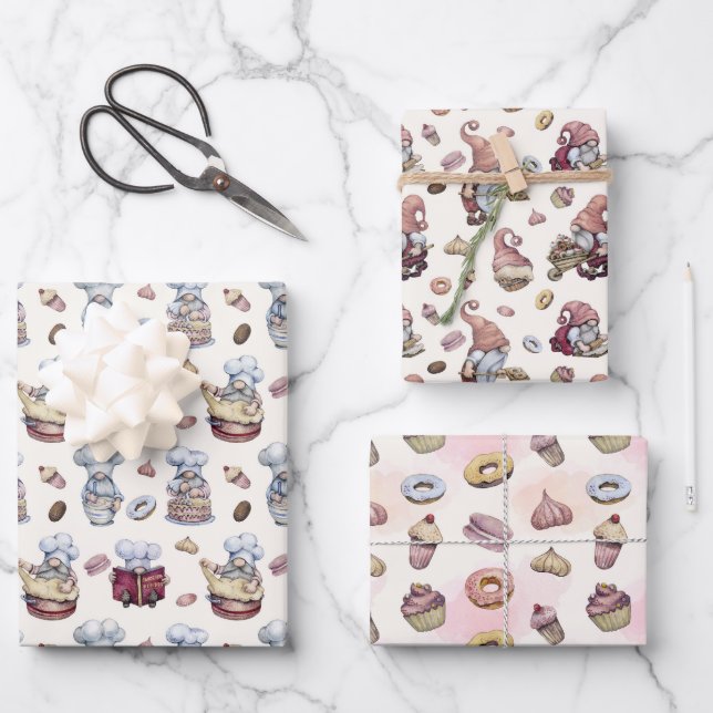 Feuille De Papier Cadeau Gnomes Baking Cupcakes Donuts Woodland tendance (Recto)