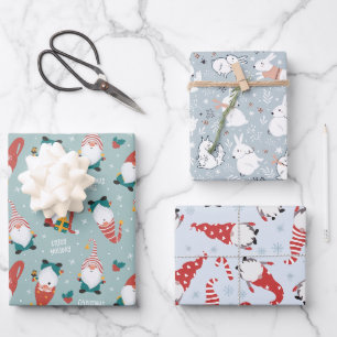 Feuille De Papier Cadeau gnomes de Noël, animaux de la forêt motifs d'hiver
