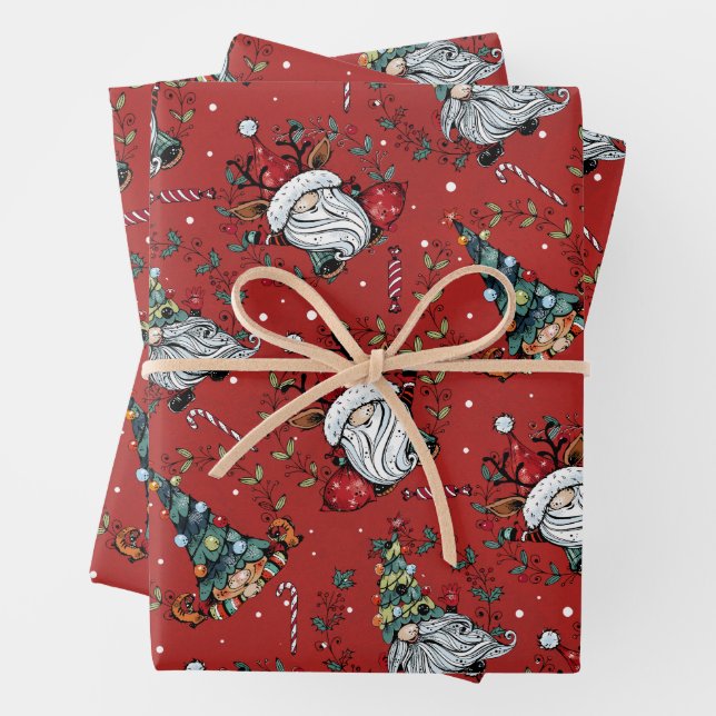 Feuille De Papier Cadeau Gnomes de Noël fantasques (En situation)
