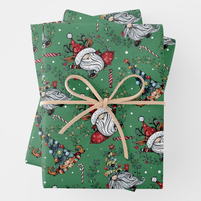 Feuille De Papier Cadeau Gnomes de Noël fantasques (En situation)