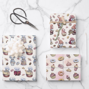 Feuille De Papier Cadeau Gnomes préparant des cupcakes Donuts Bois tendance