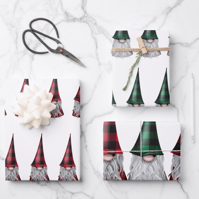 Feuille De Papier Cadeau Gnomes scandinaves en plaid (Recto)