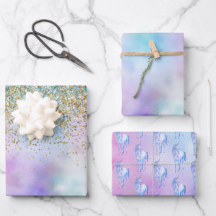 Feuille De Papier Cadeau Gold Aqua Parties scintillant violet blanc Unicorn