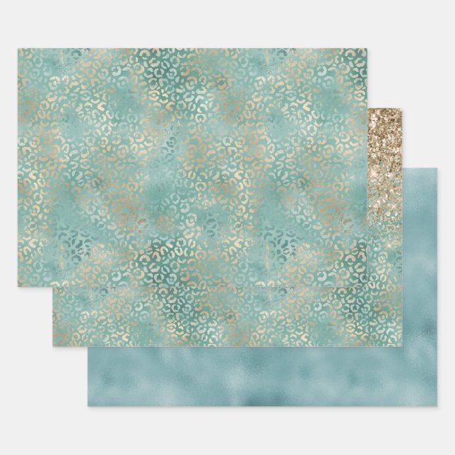 Feuille De Papier Cadeau Gold Aqua Turquoise Turquoise Glam Empreinte de lé (Lot)