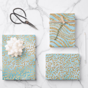 Feuille De Papier Cadeau Gold Aqua White Ombre Zebra Leopard