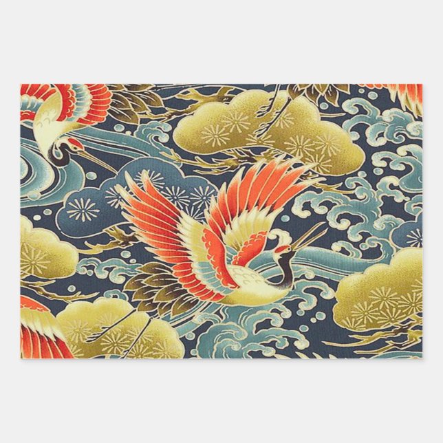 Feuille De Papier Cadeau Gold Blue Bird Japonais Kimono Floral Decoupage (Devant)