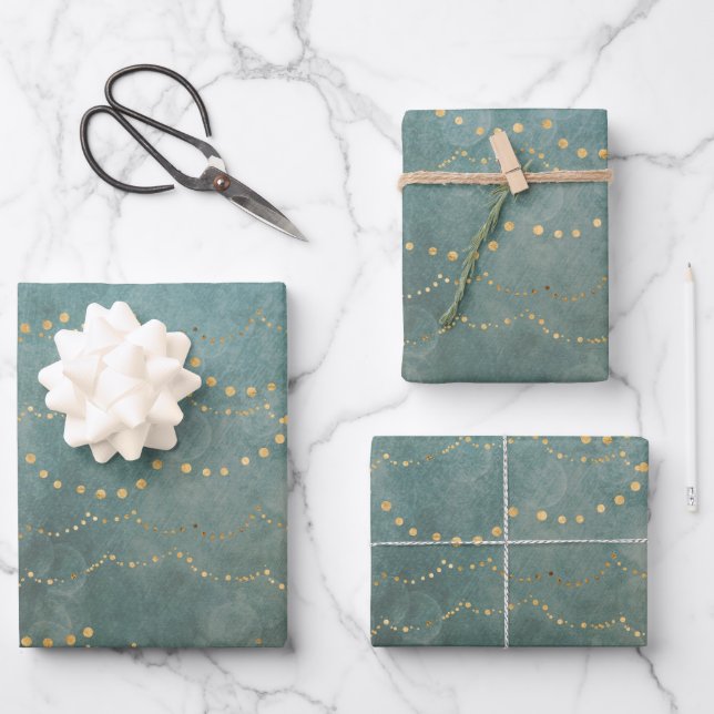 Feuille De Papier Cadeau Gold Christmas Lights Green Watercolor (Recto)