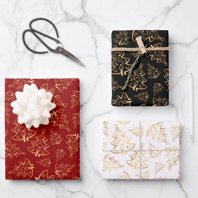 Feuille De Papier Cadeau Gold Christmas Trees on Red, Black, White (Recto)
