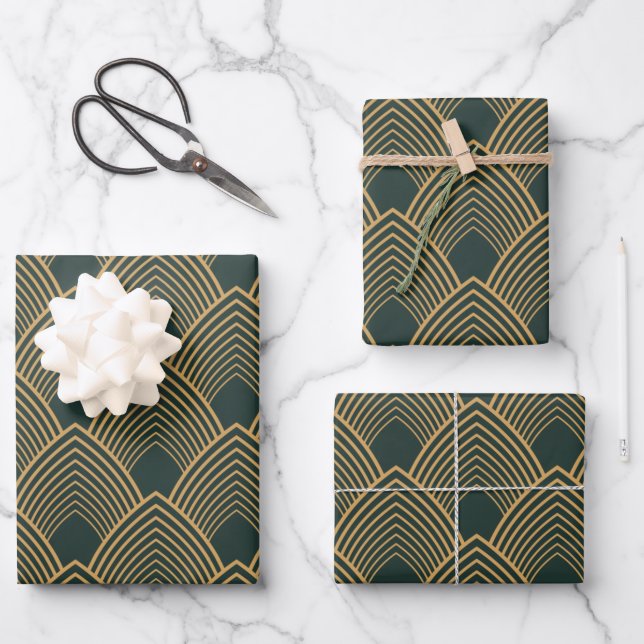 Feuille De Papier Cadeau Gold et Emerald Green Art Déco Motif (Recto)