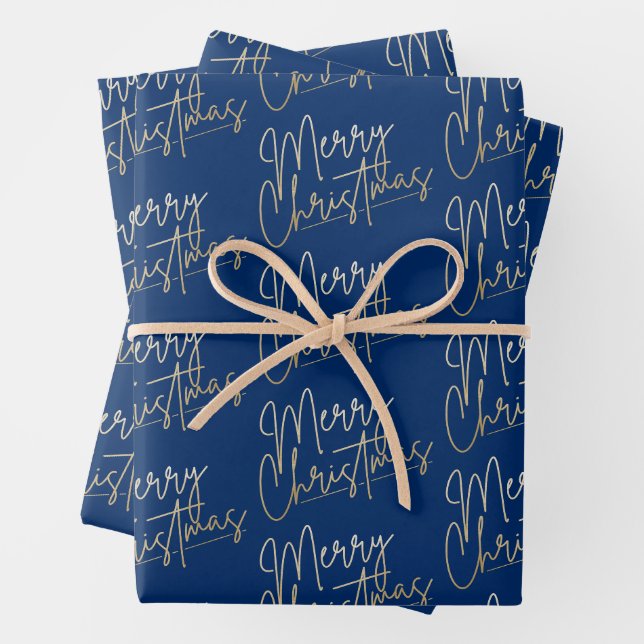 Feuille De Papier Cadeau Gold Faux Foil Merry Christmas Blue (En situation)
