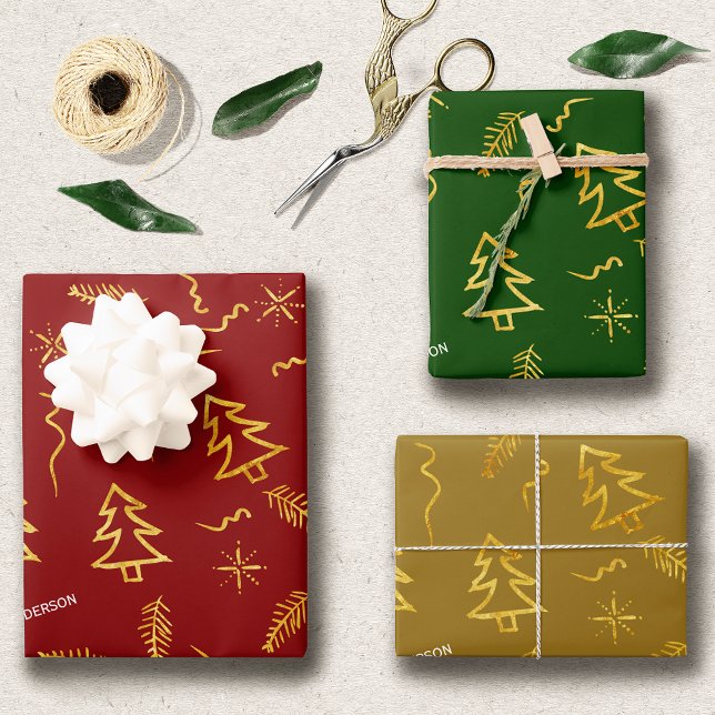 Feuille De Papier Cadeau Gold Foil Red Green Noël Tree Motif Holiday (Créateur téléchargé)