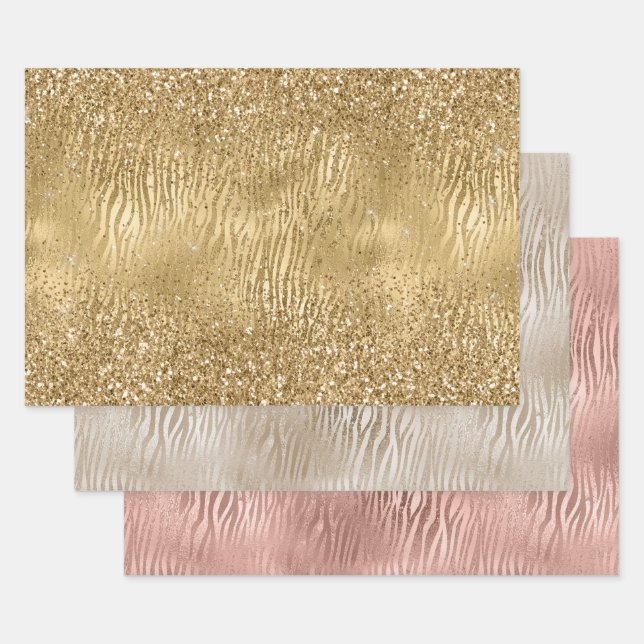 Feuille De Papier Cadeau Gold Glam Glitz Zebra Print Faux Parties scintilla (Lot)