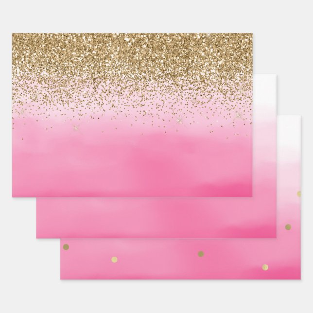 Feuille De Papier Cadeau Gold Glam Glitzy Sparkle Parties scintillant Pink  (Lot)