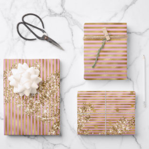 Feuille De Papier Cadeau Gold Glam Pink Stripes Parties scintillant Confett