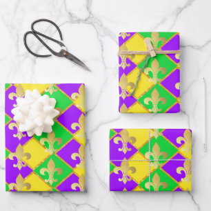 Feuille De Papier Cadeau Gold Green Mardi Gras Harlequin Motif