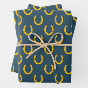 Feuille De Papier Cadeau Gold Horseshoe Motif Cowboy Bonne chance Élégant